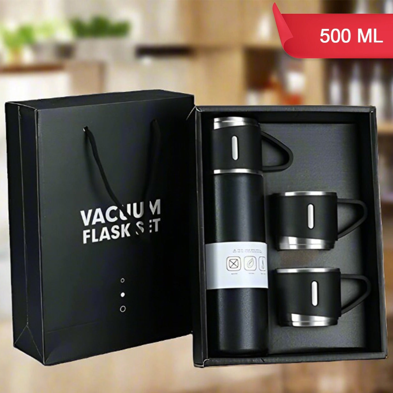 Stainless Steel Vacuum Flask Set With 3 Steel Cups Combo For Coffee Hot Drink And Cold Water Flask Ideal Gifting Travel Friendly Latest Flask Bottle. (500ml)